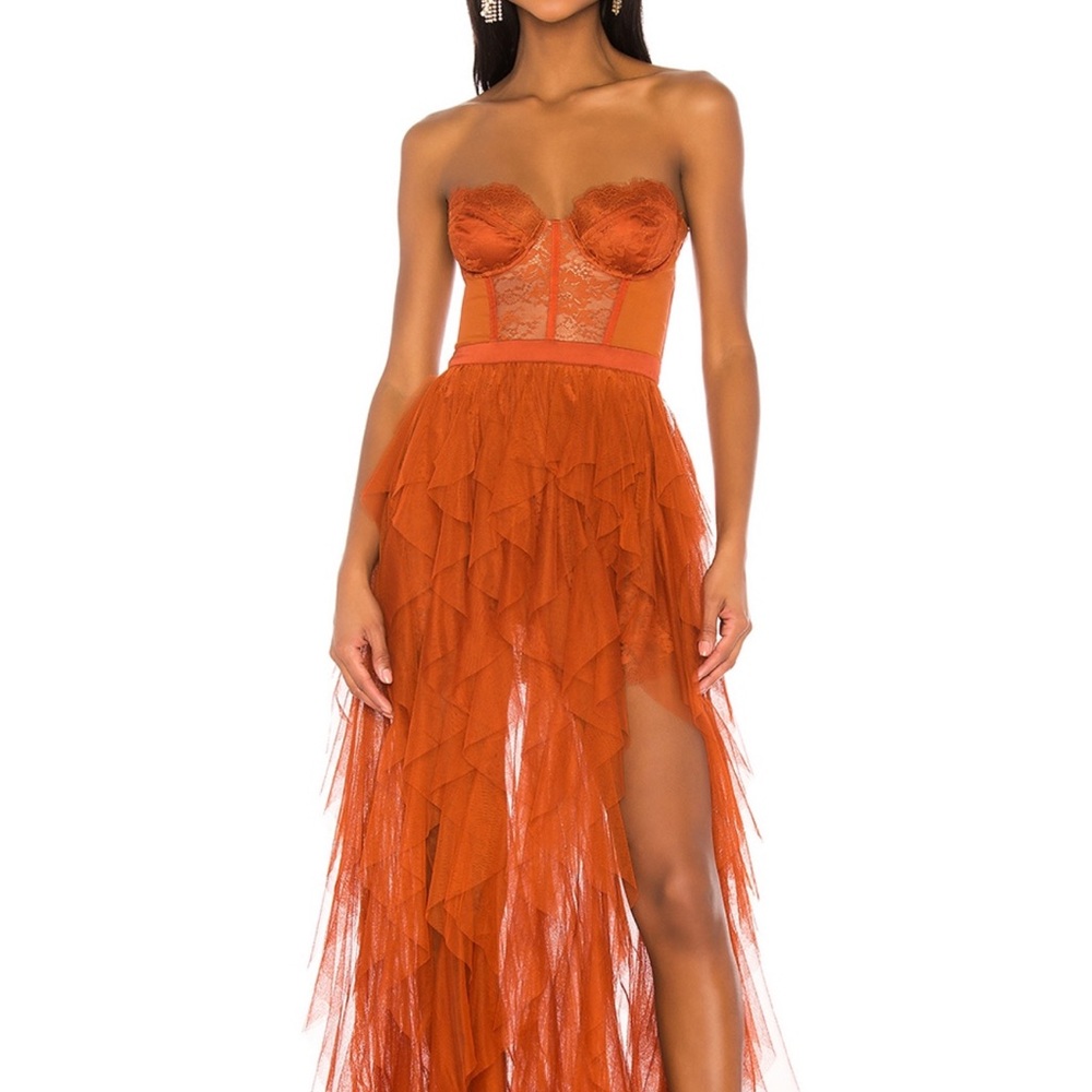For love and lemons bustier gown in rust